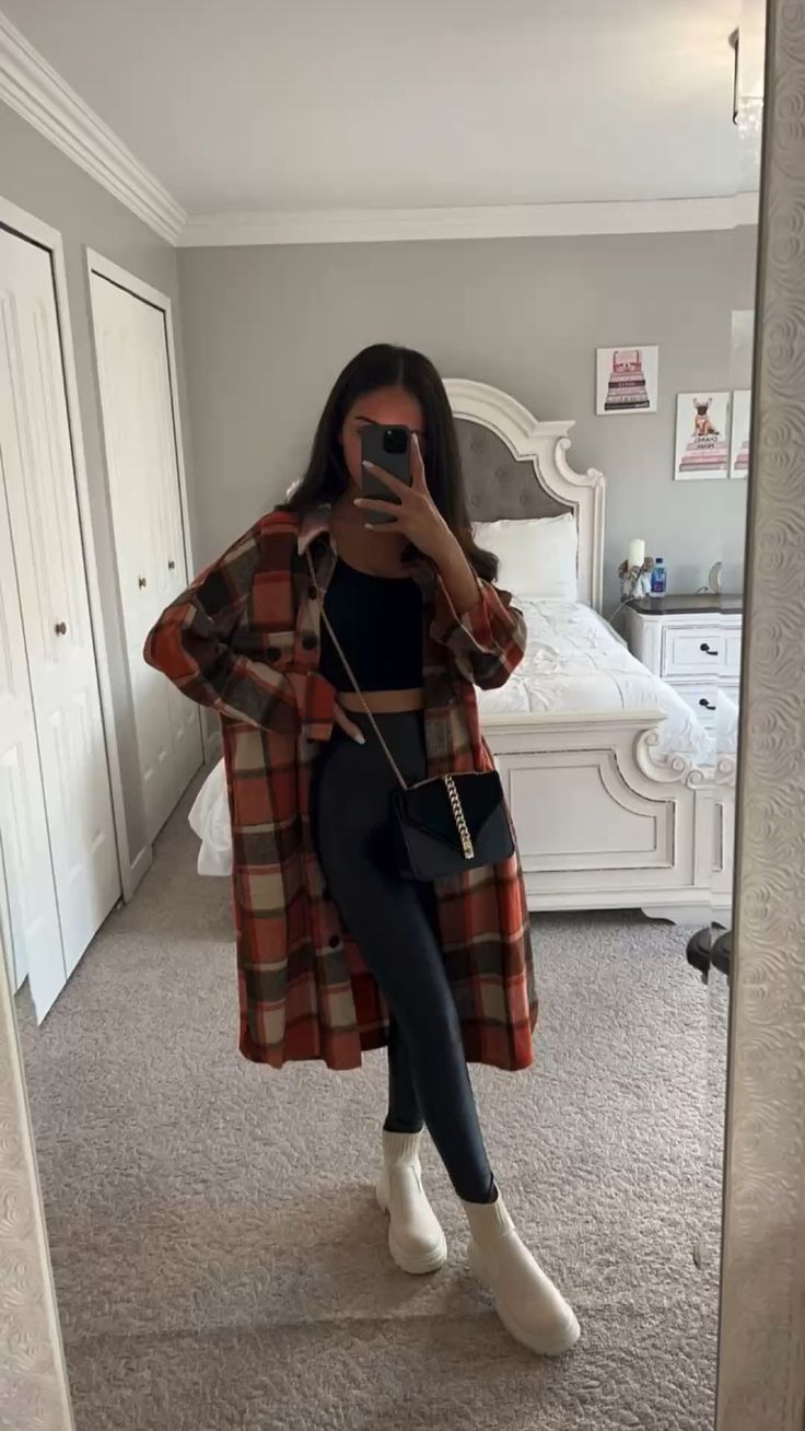 Autumn Plaid Shacket with White Boots